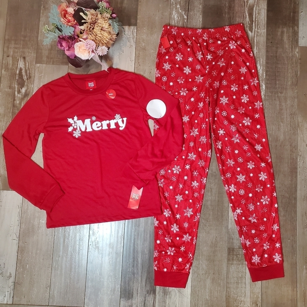 NWT Macy's Red Merry Snowflake 2pc PJs Pajamas Set Unisex Kid Size XL 14/16